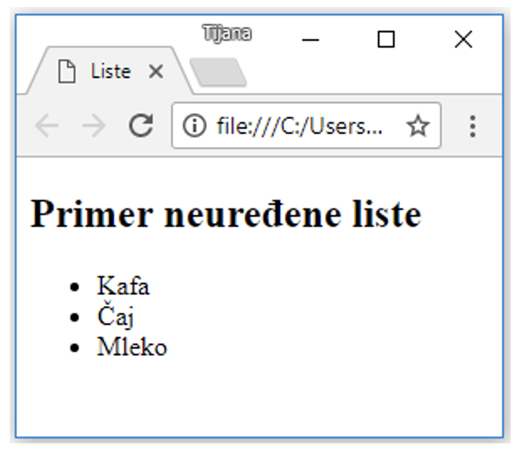 Primer neuređene HTML liste