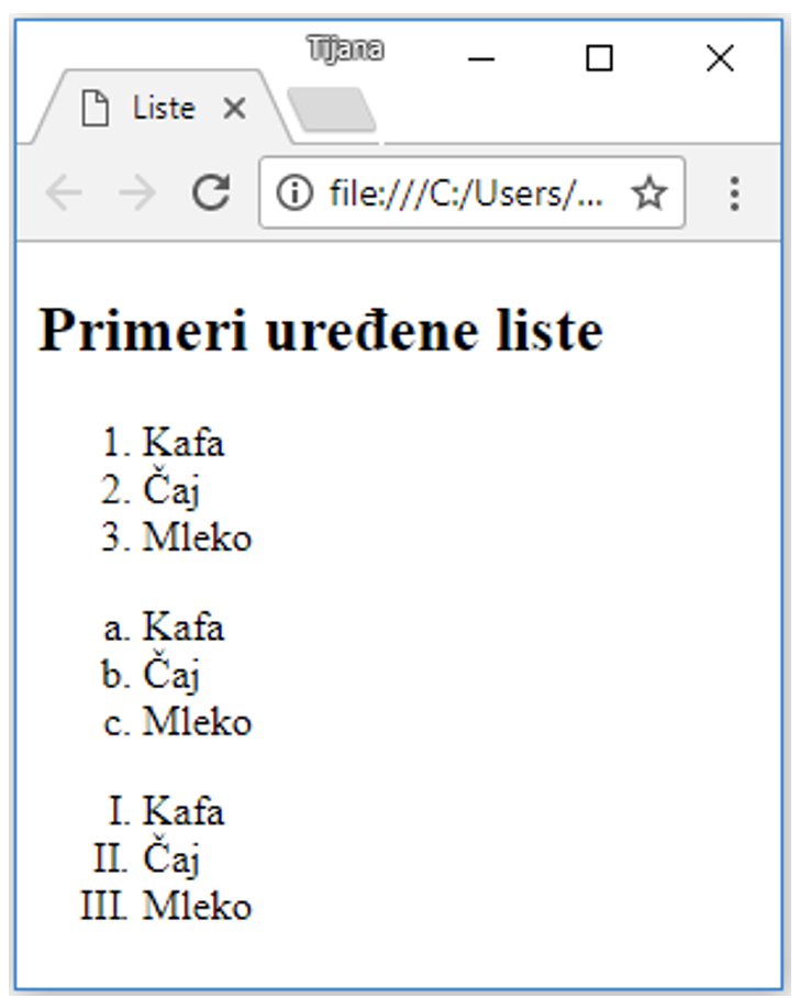 Primer uređene HTML liste
